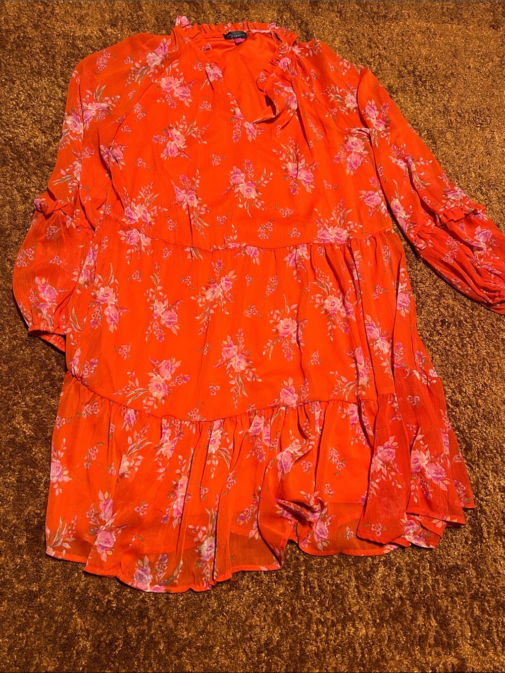 Vince Camuto Red Floral Long-Sleeve Tiered Dress